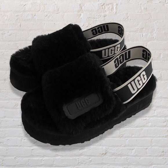UGG Shoes - UGG Black Disco Sheepskin Fluff Slide Platform Sandals